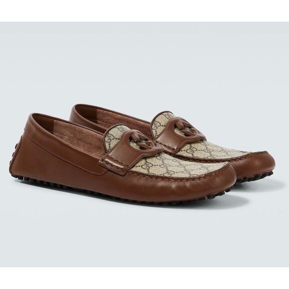 Gucci Men’s Interlocking G Supreme Driver Calfskin Loafers Brown Sugar UK7.5 730 - Picture 1 of 14